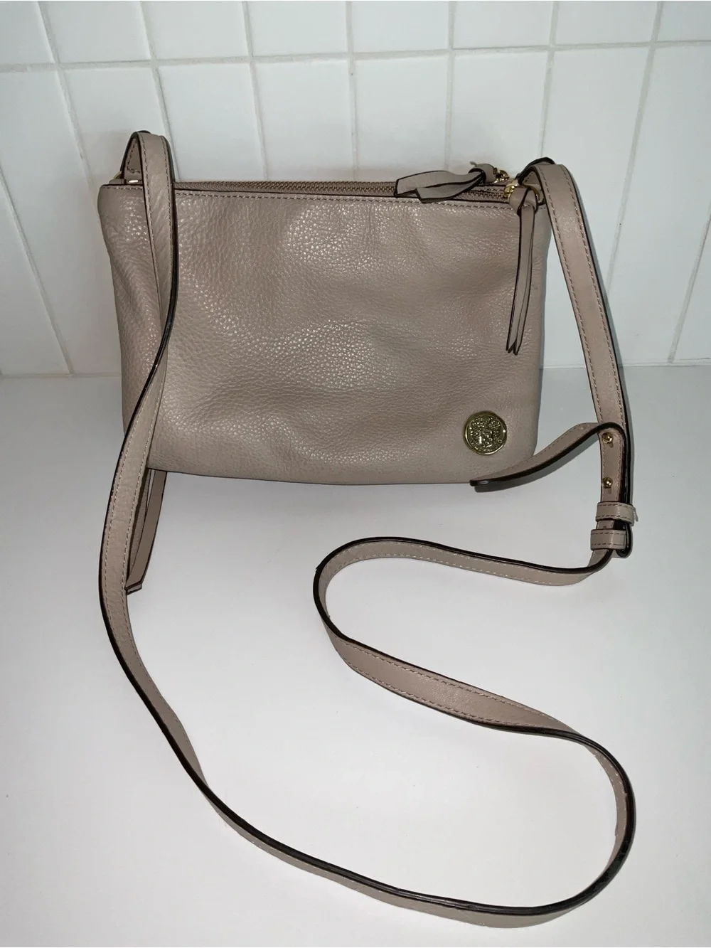 Vince Camuto Pebbled Leather Crossbody in Taupe